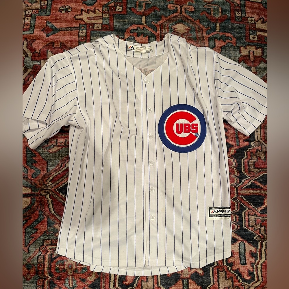 Majestic White Pinstripe Chicago Cubs Jersey with Red & Blue Patch